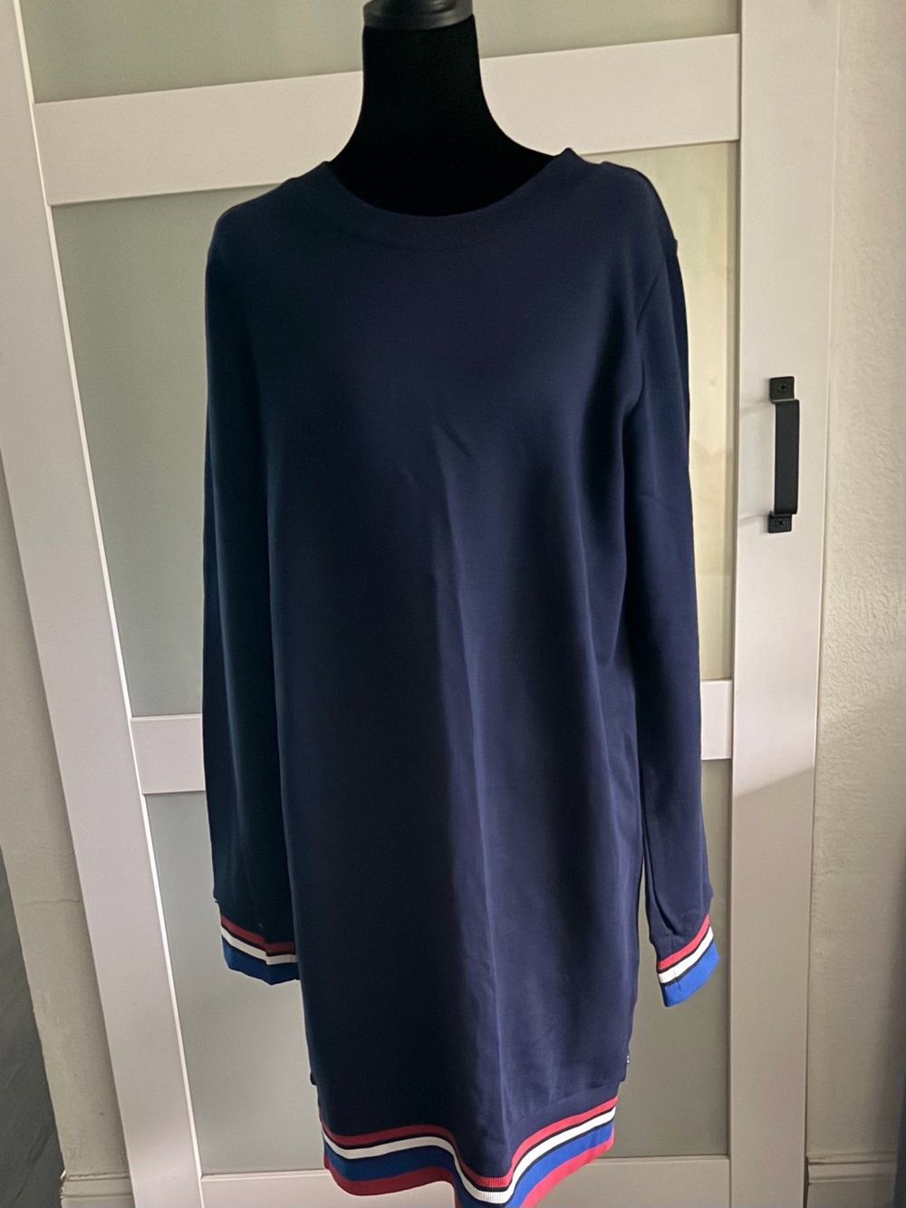 Women’s Navy Long-Sleeve Sweater Dress with Tricolor Trim